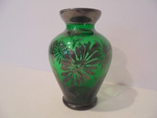 VINTAGE FOREST GREEN VASE WITH FLORAL OVERLAY - HEIGHT 4"