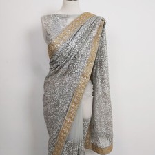 Zarkan Indian Designer Sale Saree Blouse Fine Net Embroidered Grey Unstitched