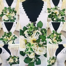 Wedding Bridal Floral Bouquet Ivory Roses & Gerbera, Veriegated Leaves, Feathers