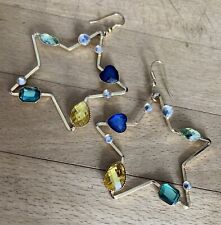 Large Gold Star Gem Stone Retro Hoop Dangle Earrings - Circus Goth Emo