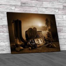 Misty Morning Fishing Fly Fishing Equipment Sepia Canvas Print Large Picture