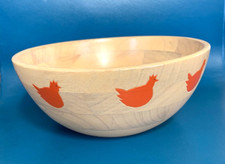 T&G Woodware , hand carved  light wood bowl, hand painted chicken design, 25cm d