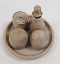 Begelly Pottery Stoneware Condiment Set with Tray - 5 Piece Bundle