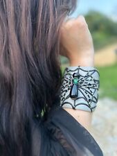 Statement Bracelet Spider on Web Leather Crystal  Wide Cuff Handmade in UK