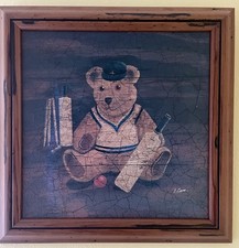 Antique Teddy Bear Cricket Wooden Frame Print Picture By L Game 31cm X 31cm