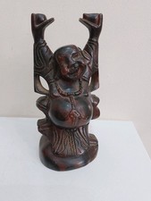 ANTIQUE HAND CARVED WOODEN HAPPY BUDDHA STATUE BUDDHISM ZEN FIGURE