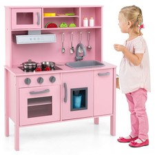 Wooden Kids Play Kitchen Set with Microwave Stoves Oven Pink