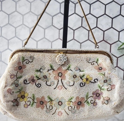 Vtg micro beaded floral bag - micro-beaded,