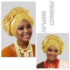 African Women Glitter Pleated Turban Cap Auto Gele Headtie Head Wrap Wedding New