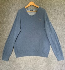 Gant Mens Jumper Blue Cotton Long Sleeves V Neck Light Sweater Sz 2XL XXL VGC