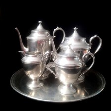 Vintage Silver Tone Banka Tin 5 Piece Tea Set Coffee Pot Creamer Sugar Pot Tray
