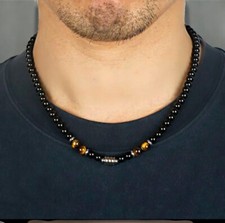 6mm Black Beaded Stone Necklace Tigers Eyes