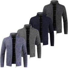 New Mens Zip Up Thick Winter Fleece Lined Knitted Cardigan Jumper Warm Cardigan