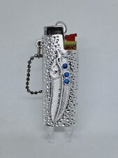 Stunning Silver Bic Lighter Case Sleeve Holder with Feather & Gemstones Working 