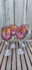 4 Ruby / cranberry Red Bohemian Stem Wine Glass Set With Floral Etched