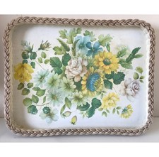 Vintage Large Wicker edged Floral Melamine tray 18" x 13"
