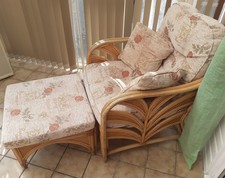 CONSERVATORY CHAIRS X 2, FOOT STOOLS x 2 AND GLASS TOP TABLE