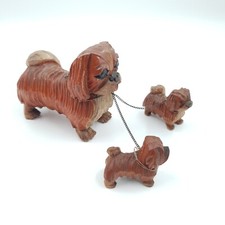 Carved Wood Pekingese Dog Group & Puppies Circa 1930s On Chains. Art Deco Wooden