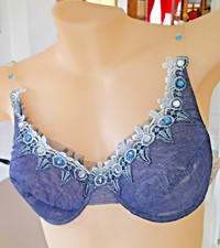 Janet Reger Sheer Blue Mesh DENIM U/W Full Cup Bra With Lace/Ruffles/Jewels