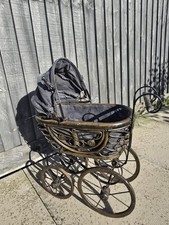 Antique Victorian Era Childs Doll Pram Wooden Wire Metal Wicker
