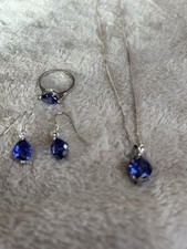 925 Silver Jewelry Set Ring Necklace & Earrings Pear Lab Created Blue Tanzanite