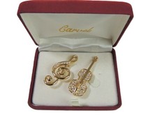 Carvel Brooch Set Gold Tone Treble Clef Violin Music Sparkling Stones in Box