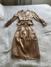 True Vintage 1940s Blouse & Skirt Suit Set Pink Satin Fits UK 4 AGE MARKS