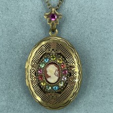 vintage Michal Negrin necklace cameo locket crystal antique gold tone 18.5''