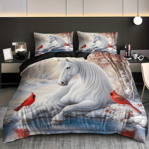 Horse red birds quilt duvet - red,