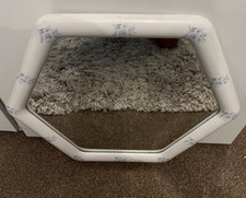 Vintage Ceramic Hexagon Wall Hanging Mirror Blue Floral Flower Design 20” x 20”