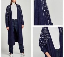 NWT ZARA Long Oversized Chunky Cardigan Coat Pearls Wool Mohair Blue ONE SIZE