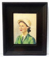 Vintage ART DECO Era Miniature Portrait Oak Frame Girl with White Bonnet c1940s