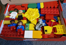 Box Of Duplo Bricks. Various Shapes with People and Cars. Pre Owned.
