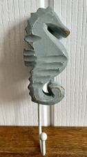 Rustic Blue / Grey Wooden Seahorse Coat Towel Metal Hanger Hook Wood Bathroom