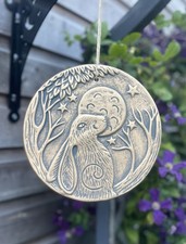 Moon Gazing Hare Bronze Terracotta Garden Hanging Wall Art Plaque Ornament Decor