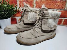 WOMENS CAT UK 5 WIDE BEIGE SUEDE FUR LINED CABLE KNIT LACE UP BOHO FLAT BOOTS