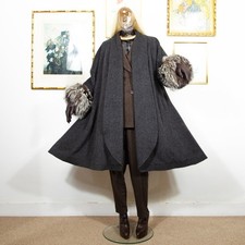Vintage 1980s Alpaca Mohair Wool Italian Cape with Real Fur Cuffs Charcoal Grey