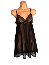 F49 LA SENZA ULTRA SHEER BLACK PLEAT CHIFFON LACE BABYDOLL NIGHTIE CHEMISE 12