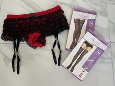 Sexy Frilly Suspender Panties With Two Pairs Of Stockings Burlesque 
