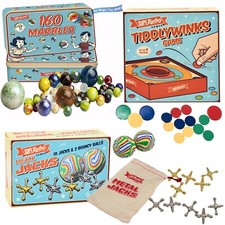 Traditional Retro Classic Games - Glass Marbles Tin, Metal Jacks & Tiddlywinks