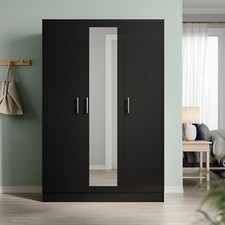 3 Door Triple Mirrored High Gloss Wardrobe Black with Hanging Rail & Shelves