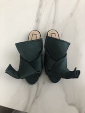 N21 Satin Flat Bow Mules, Dark Green, New 
