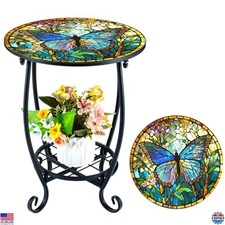 12-Inch Butterfly Mosaic Round Metal Side Table for Patio, Garden, Living Room