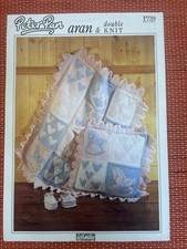 ARAN ROCKING HORSE HEART BABY COT BLANKET WITH CUSHION VTG KNITTING PATTERN 739