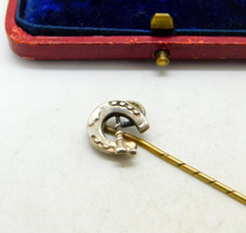 Sterling Silver Hunting Crop & Good Luck Horseshoe Stick Pin Antique Victorian