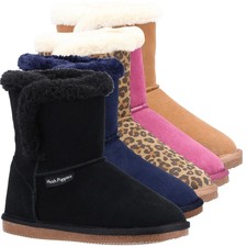 Womens Hush Puppies Ashleigh Suede Faux Fur Pull On Slipper Boot Sizes 3 to 8