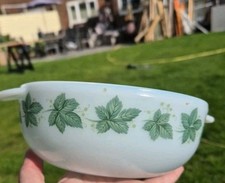 Vintage Phoenix Opalware Glass Handled Dish bowl casserole Serving Leaf design