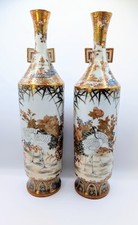 Stunning Pair Of Antique Kutani Crane And Floral Vases, Meiji, Signed