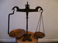 An Antique Set of Hand Cast Iron & Copper Grocers Scales / Shop Scales + Weights