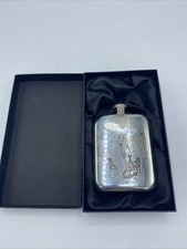 Sheffield English Pewter Shooting Hunting Scene Hip Flask Engraved Boxed